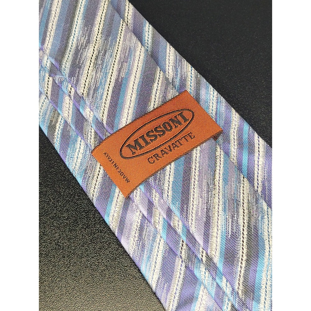 Missoni Cravatte Mens Silk Necktie Blue Purple Grey Stripe Made in Italy